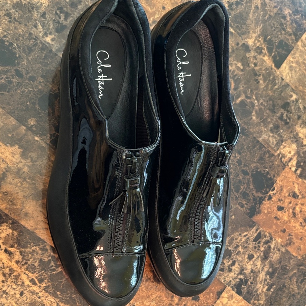 Cole Haan Shiny Black Leather Slip-On Shoes Water Proof